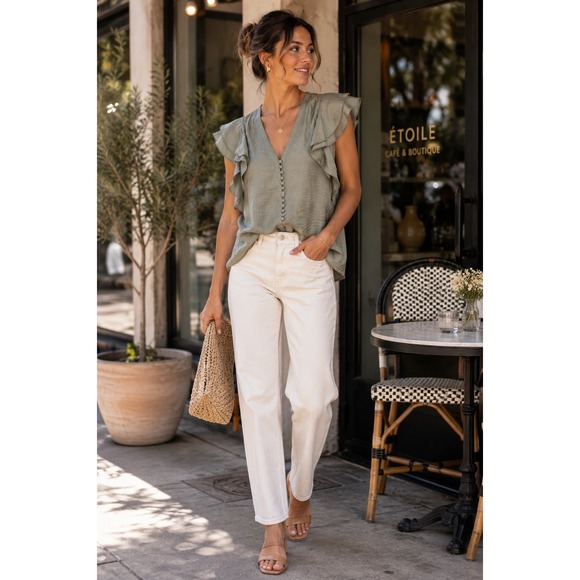 Club Monaco Tops - Club Monaco Womens Sage Green Ruffle Sleeve Button Front Blouse Size M